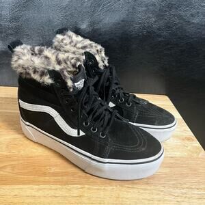 Vans Black And Leopard SK8-Hi Fur Lined Platform Sneaker‎ Size 8.5